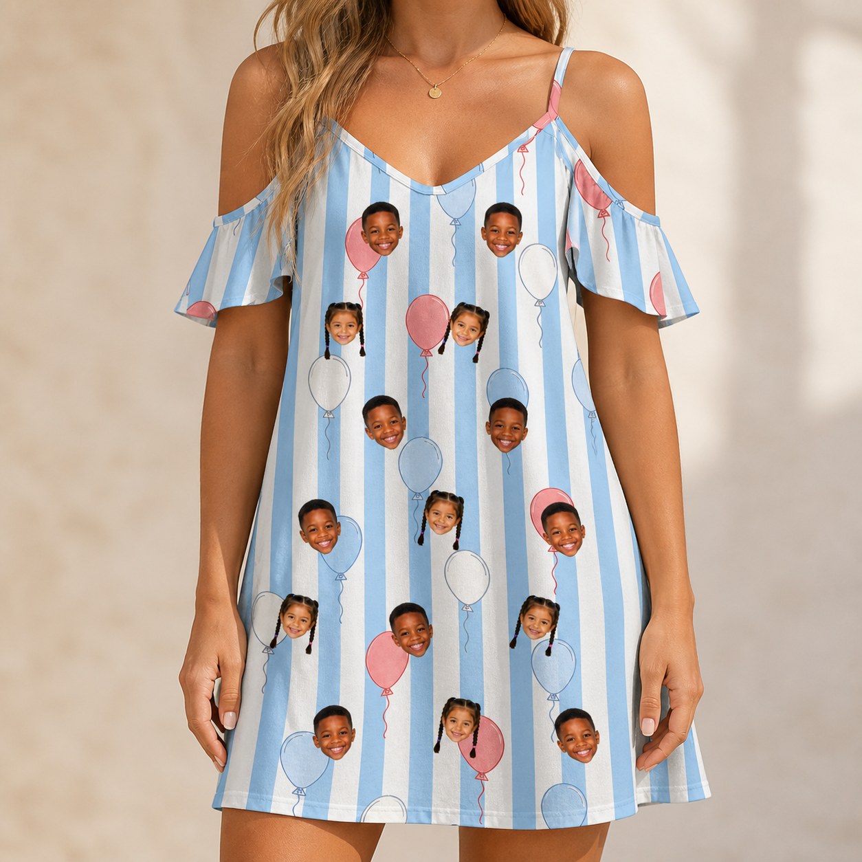 Model wearing Women's Tri-Color Tumble Custom Face Off-Shoulder Dress printed with kids' faces