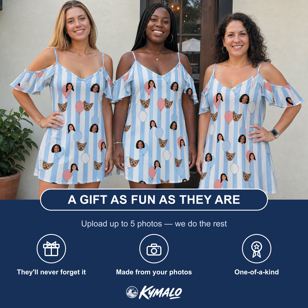 Friends in matching Women's Tri-Color Tumble Custom Face Off-Shoulder Dress — a group gift photo