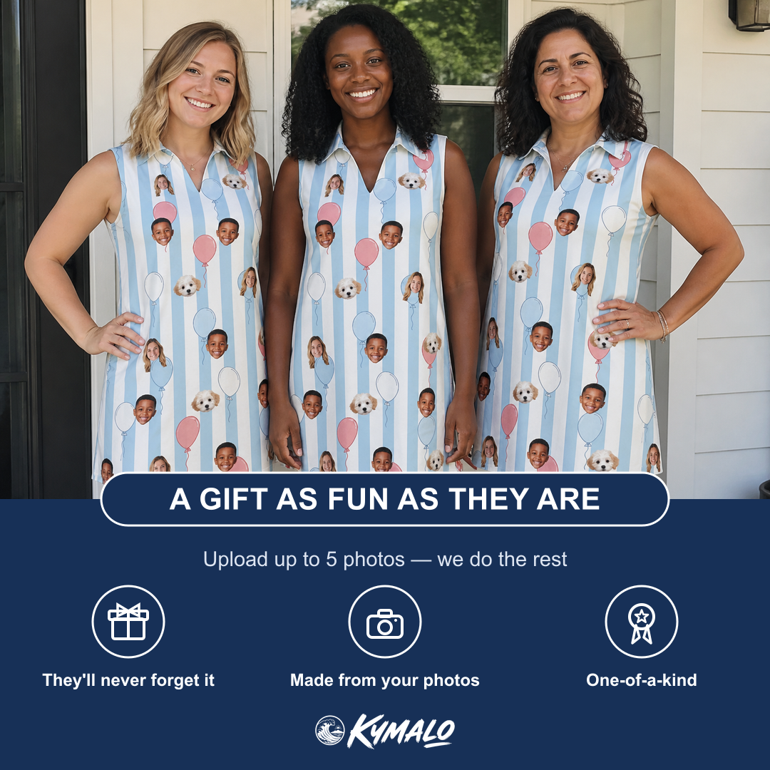 Friends in matching Women's Tri-Color Tumble Custom Face V-Neck Dress — a group gift photo