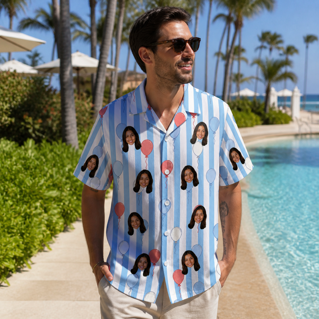 Real-life photo of someone wearing Men's Tri-Color Tumble Custom Face Hawaiian Shirt — custom faces printed all-over