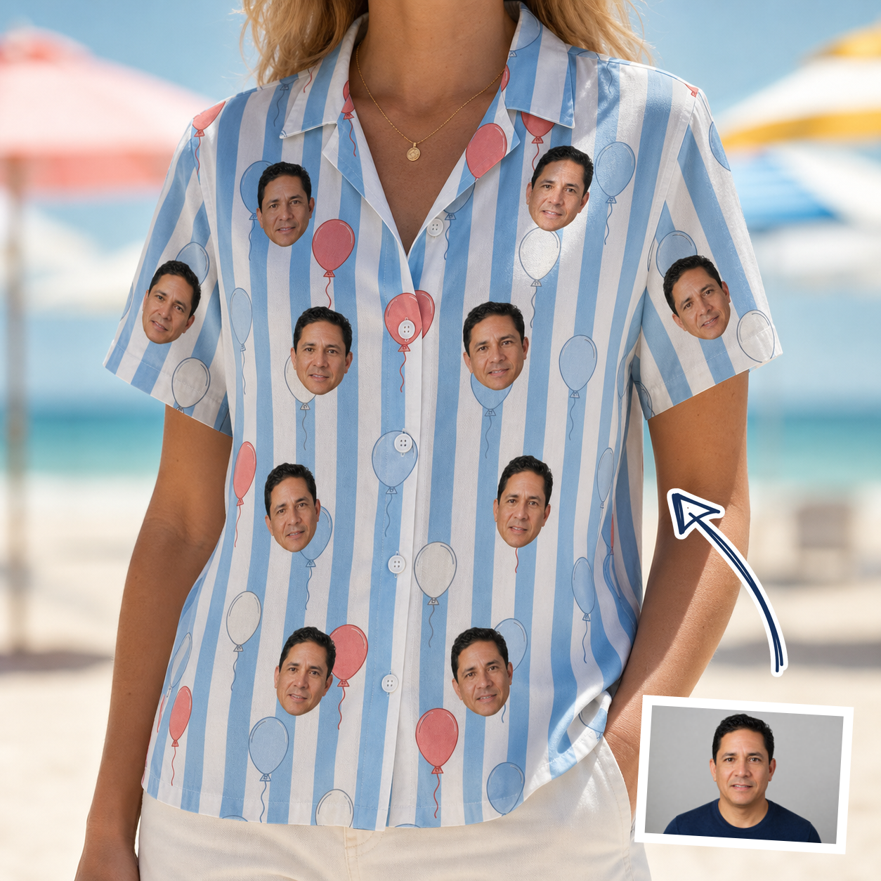 Woman wearing Women's Tri-Color Tumble Custom Face Hawaiian Shirt — custom faces printed all-over