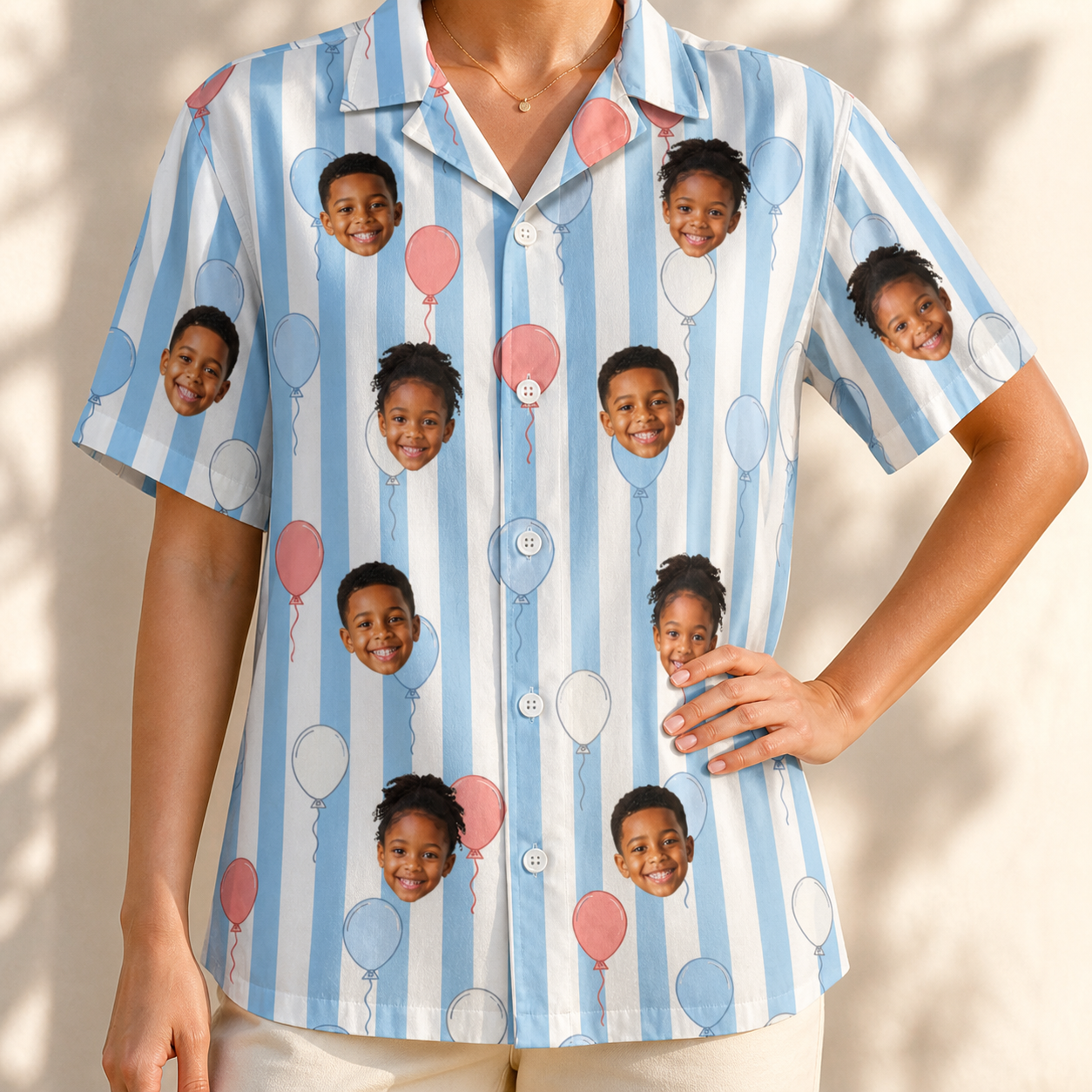 Model wearing Women's Tri-Color Tumble Custom Face Hawaiian Shirt printed with kids' faces