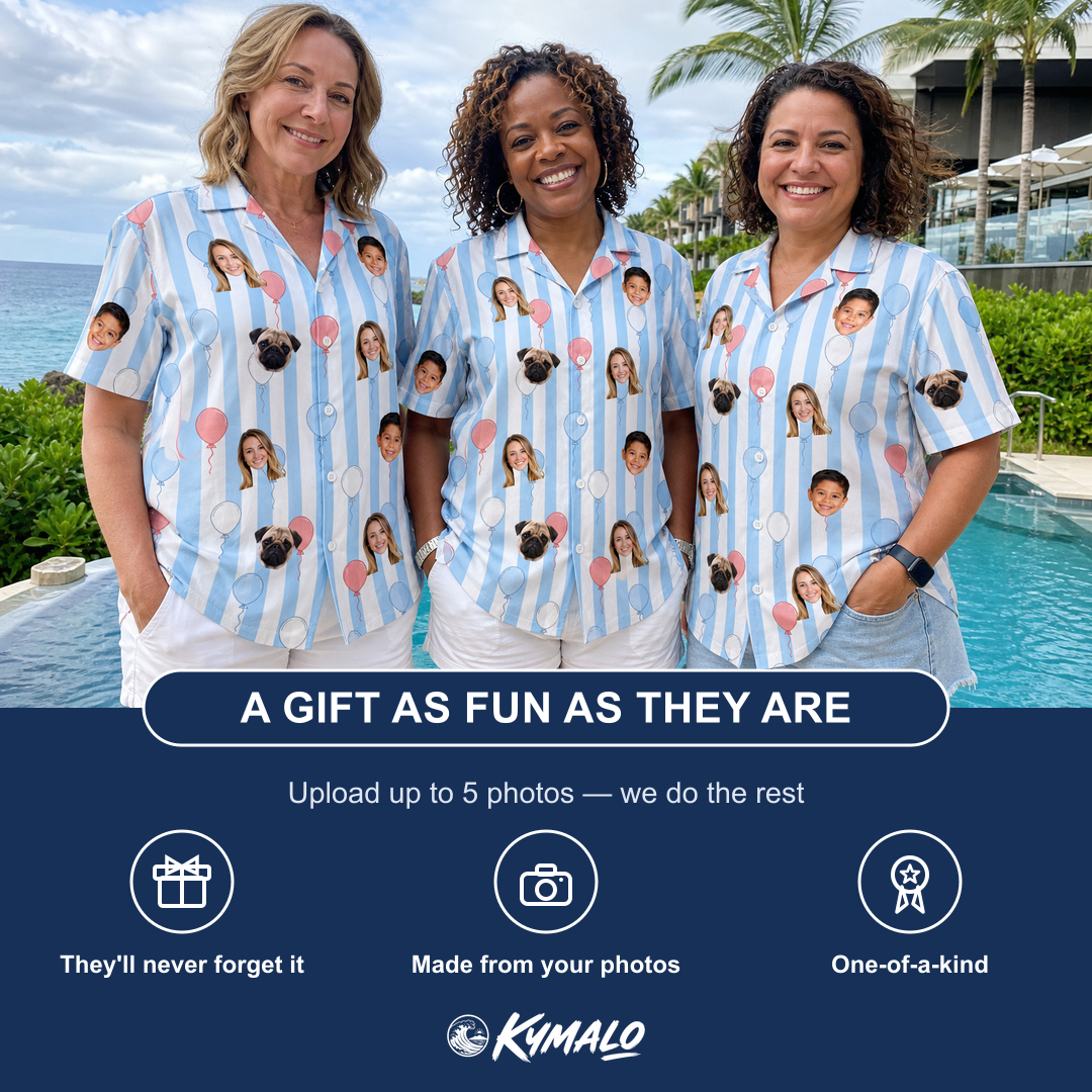 Friends in matching Women's Tri-Color Tumble Custom Face Hawaiian Shirt — a group gift photo