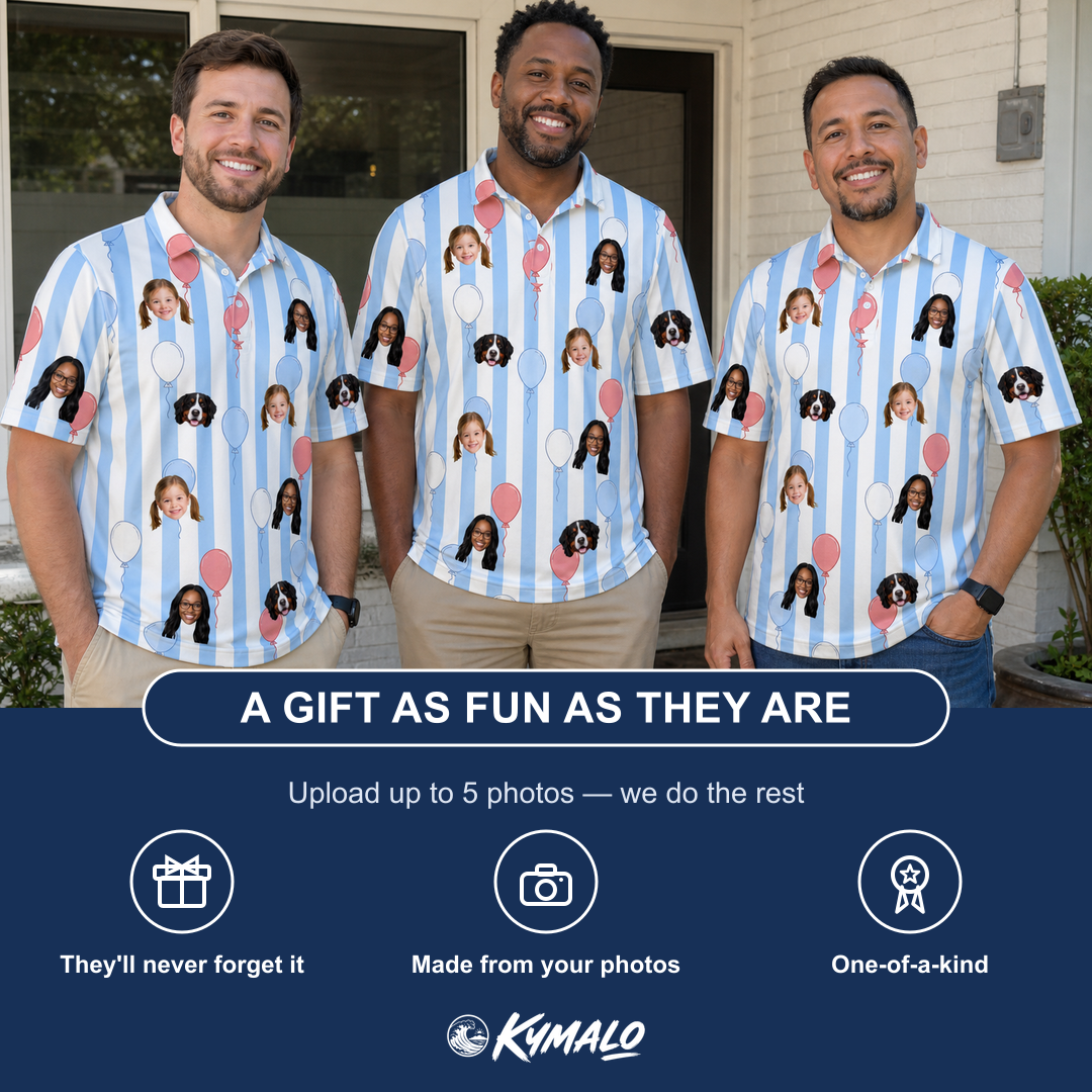 Friends in matching Men's Tri-Color Tumble Custom Face Polo Shirt — a group gift photo