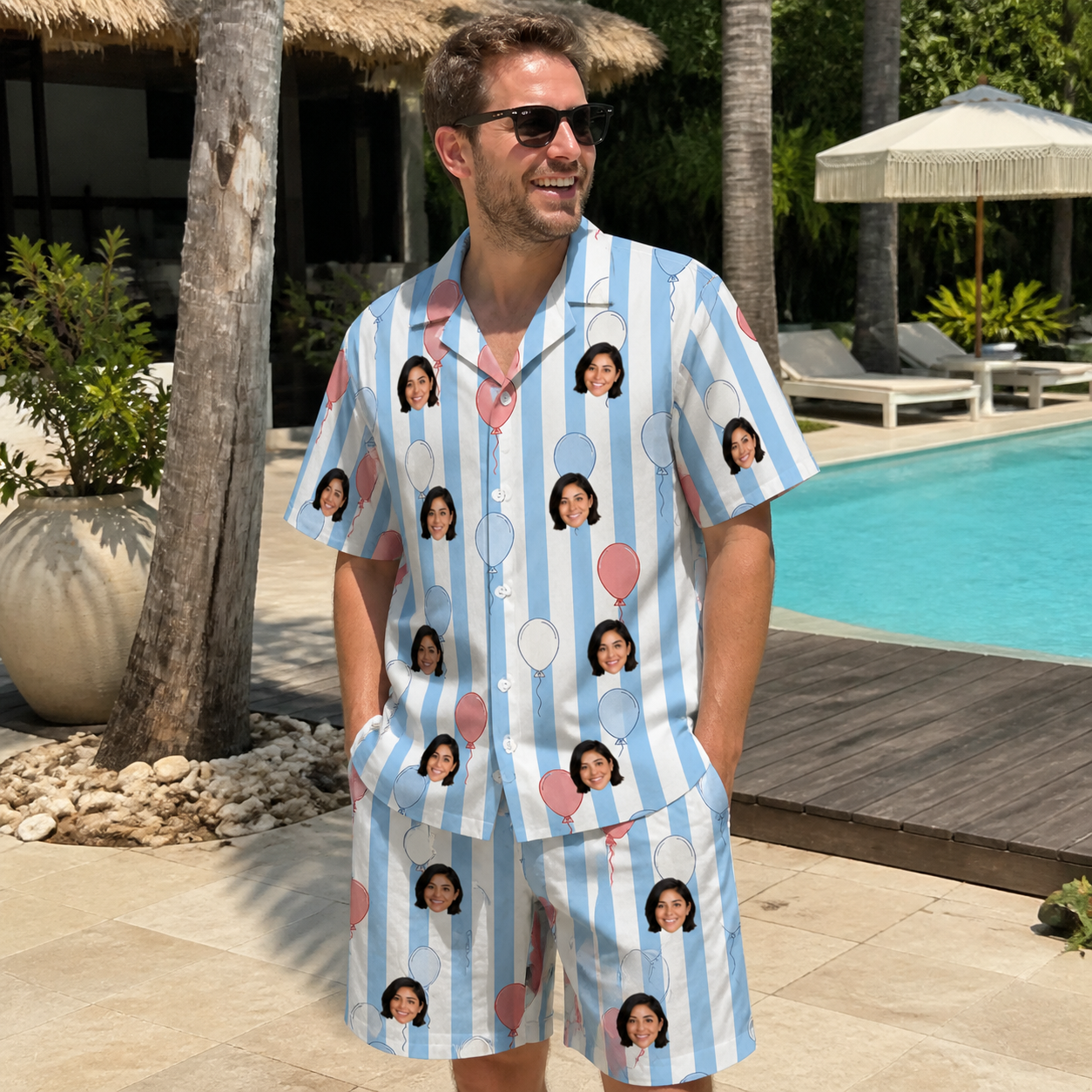 Real-life photo of someone wearing Men's Tri-Color Tumble Custom Face Shirt & Shorts Set — custom faces printed all-over