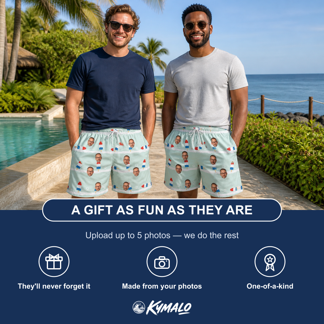 Friends in matching Men's Independence Icicles Custom Face Beach Shorts — a group gift photo
