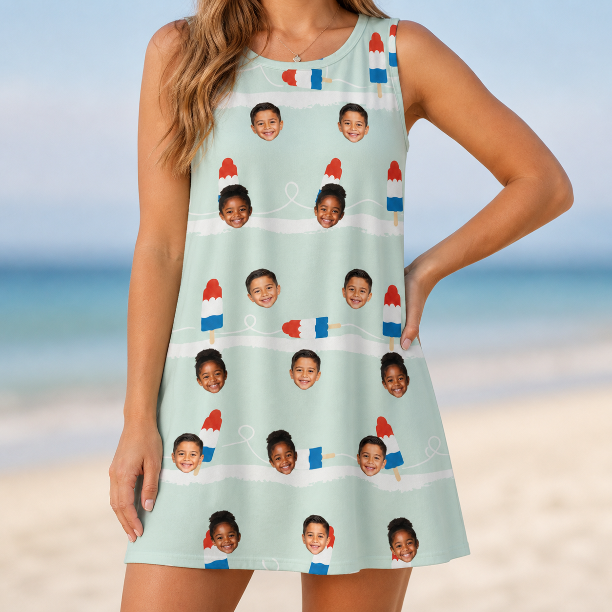 Model wearing Women's Independence Icicles Custom Face Tank Dress printed with kids' faces