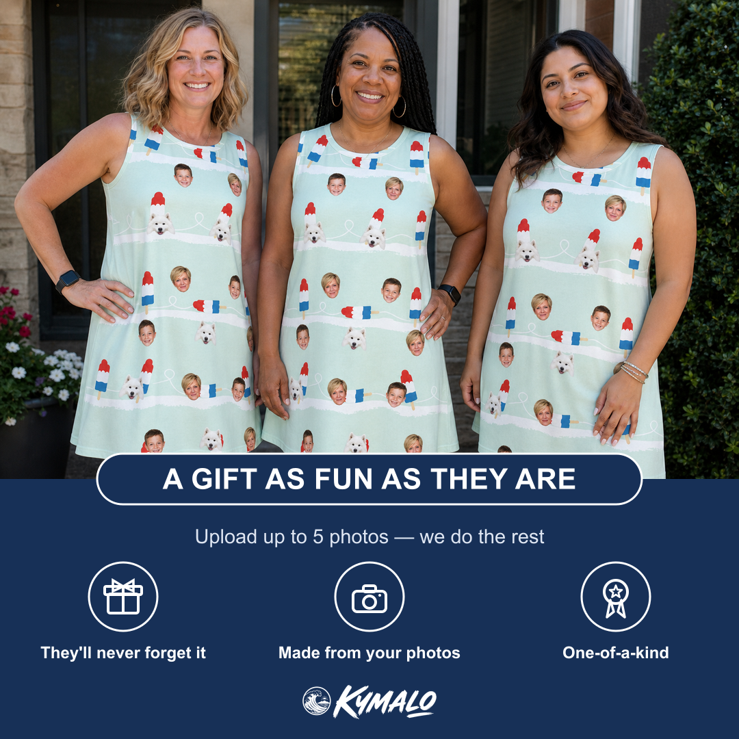 Friends in matching Women's Independence Icicles Custom Face Tank Dress — a group gift photo