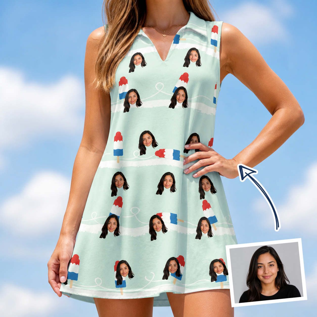 Woman wearing Women's Independence Icicles Custom Face V-Neck Dress — custom faces printed all-over
