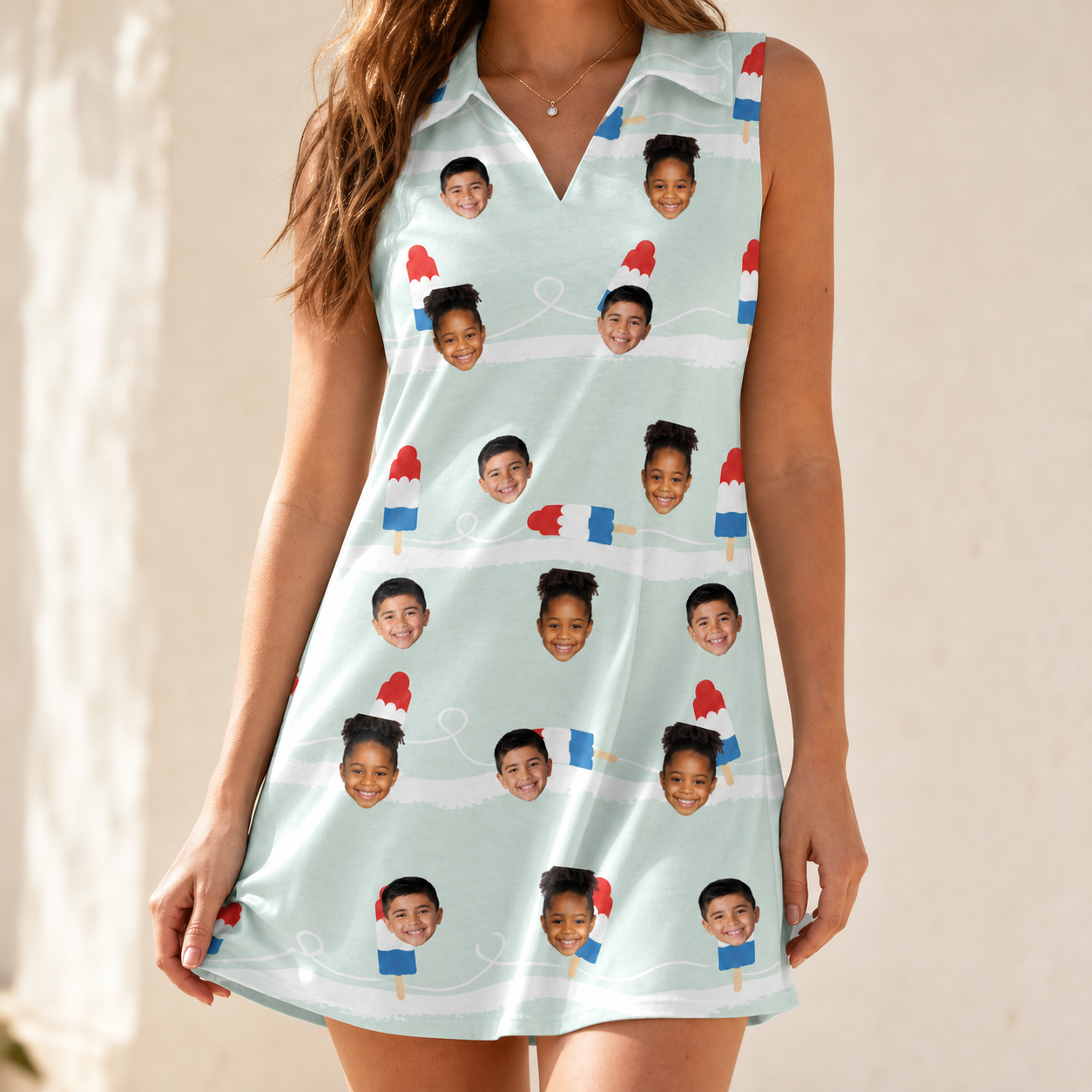 Model wearing Women's Independence Icicles Custom Face V-Neck Dress printed with kids' faces