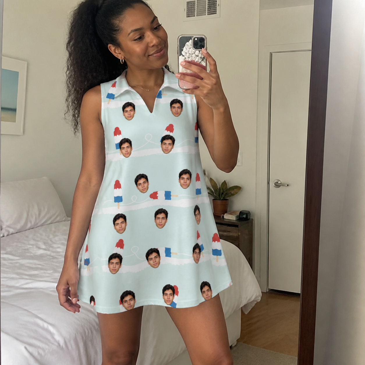 Real-life photo of someone wearing Women's Independence Icicles Custom Face V-Neck Dress — custom faces printed all-over