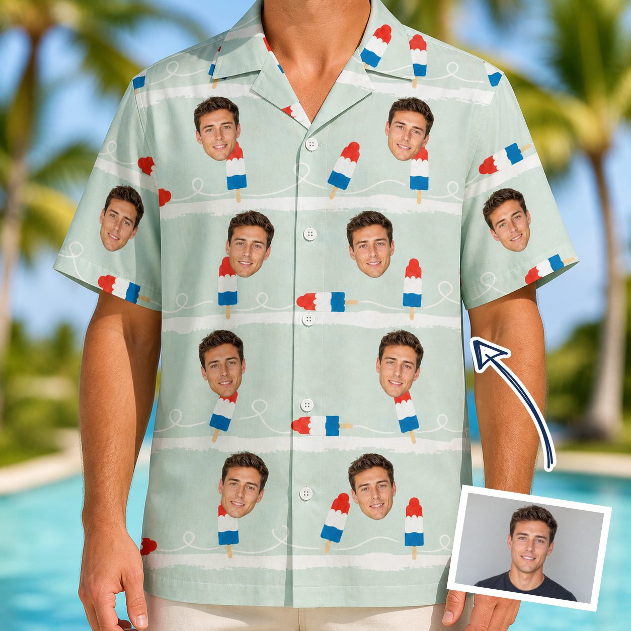 Man wearing Men's Independence Icicles Custom Face Hawaiian Shirt — custom faces printed all-over