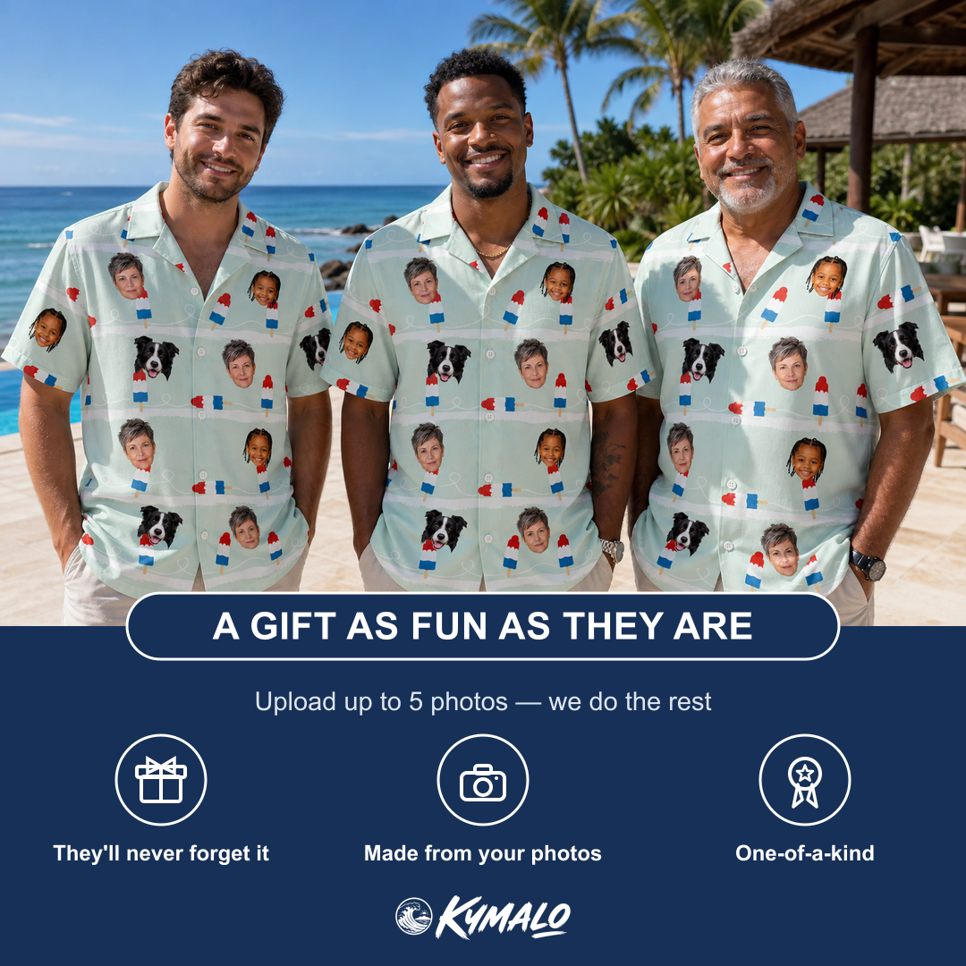 Friends in matching Men's Independence Icicles Custom Face Hawaiian Shirt — a group gift photo