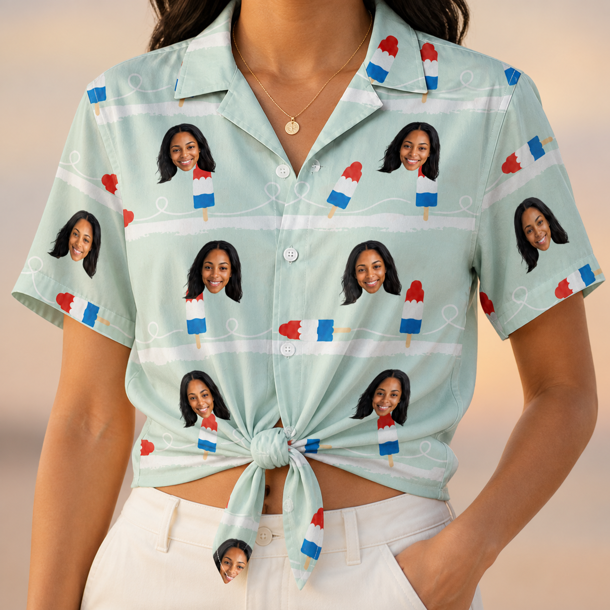 Woman wearing Women's Independence Icicles Custom Face Hawaiian Shirt tied at the waist