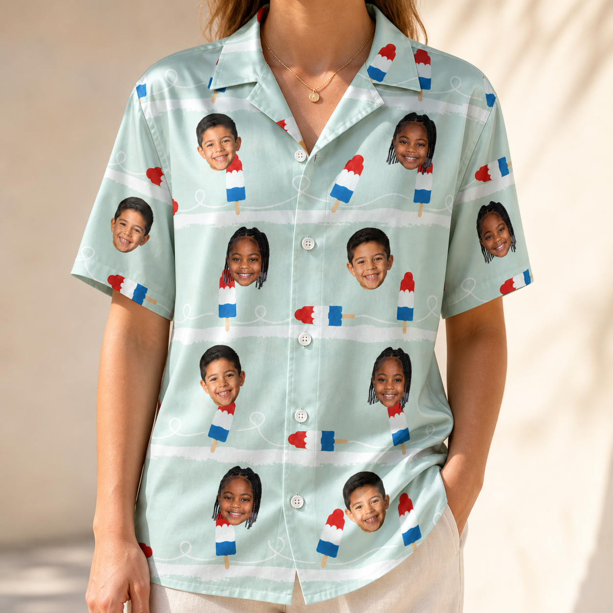 Model wearing Women's Independence Icicles Custom Face Hawaiian Shirt printed with kids' faces