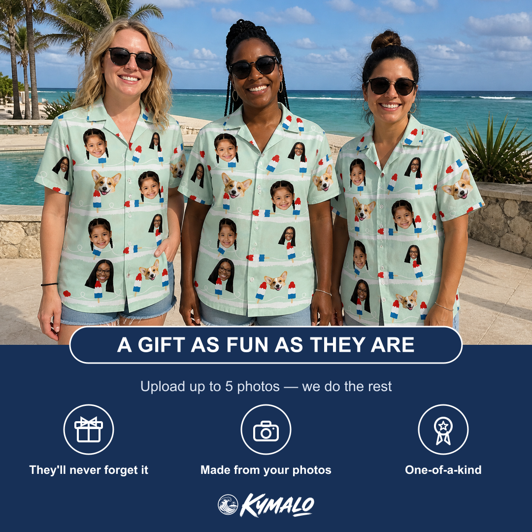 Friends in matching Women's Independence Icicles Custom Face Hawaiian Shirt — a group gift photo