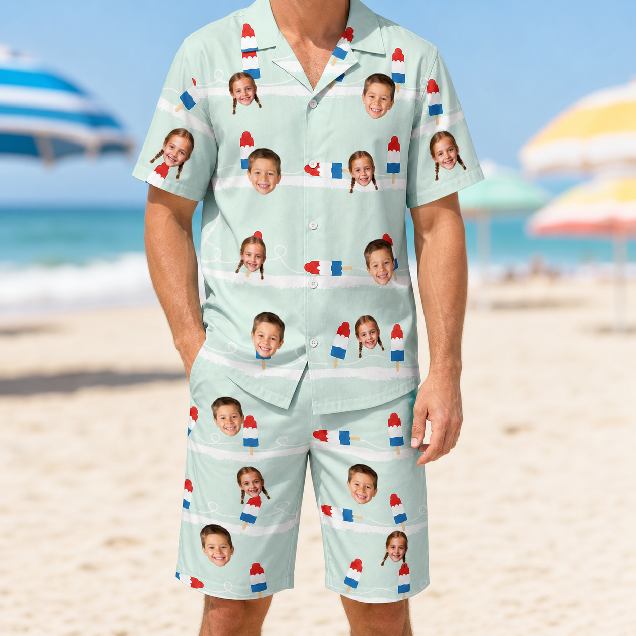 Model wearing Men's Independence Icicles Custom Face Shirt & Shorts Set printed with kids' faces