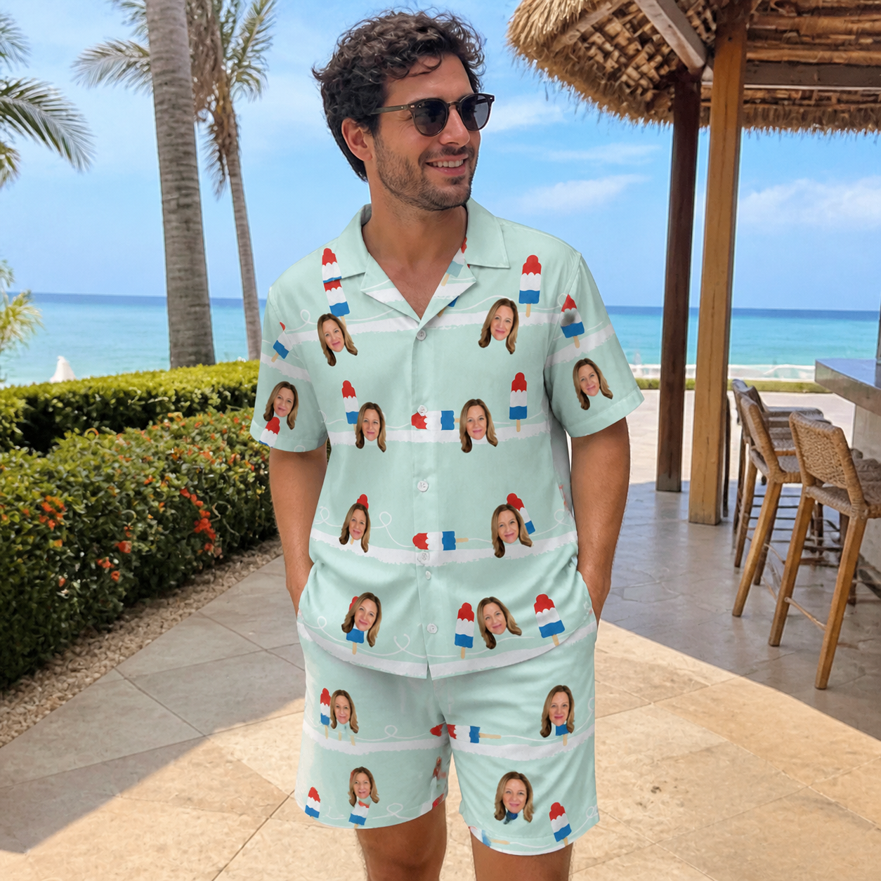 Real-life photo of someone wearing Men's Independence Icicles Custom Face Shirt & Shorts Set — custom faces printed all-over