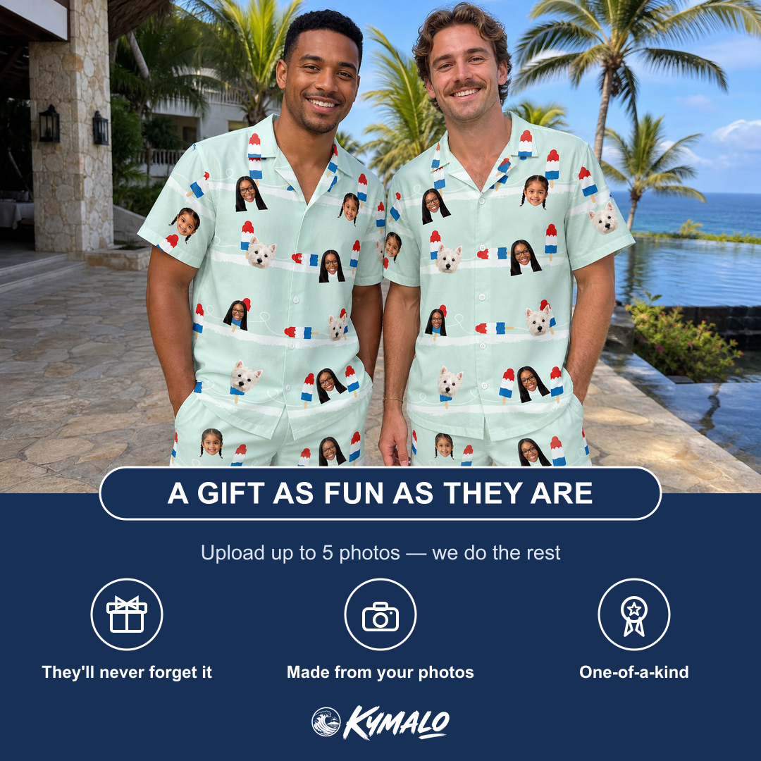 Friends in matching Men's Independence Icicles Custom Face Shirt & Shorts Set — a group gift photo