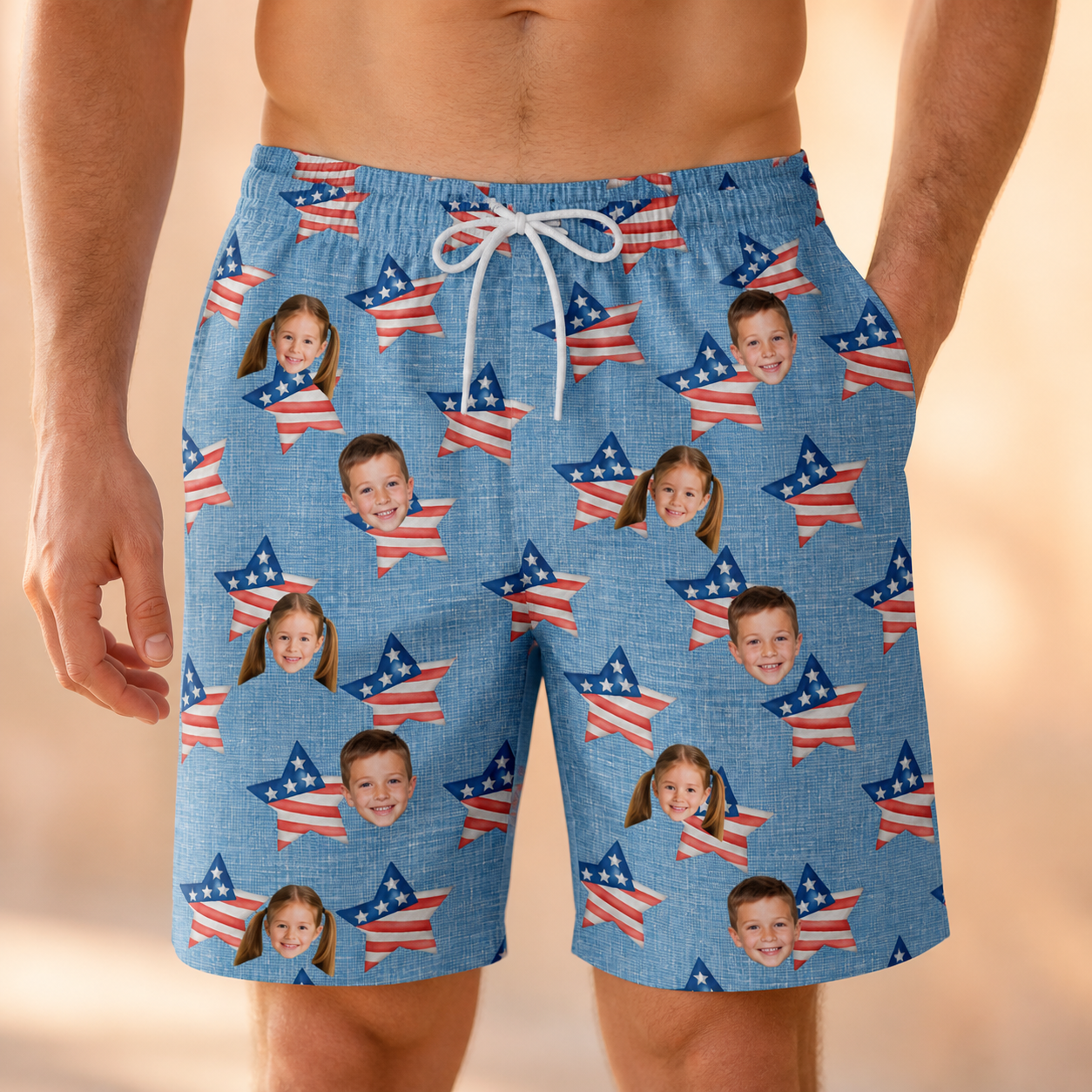 Model wearing Men's Stellar Standard Custom Face Beach Shorts printed with kids' faces