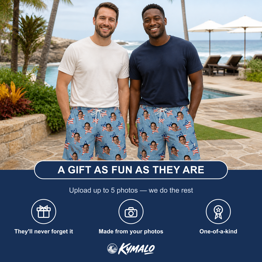 Friends in matching Men's Stellar Standard Custom Face Beach Shorts — a group gift photo