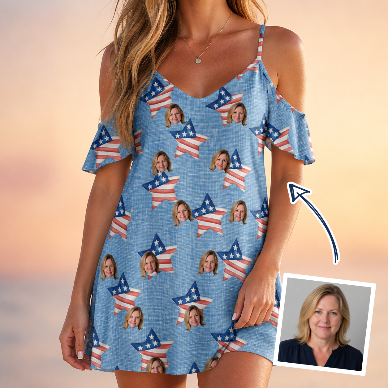 Woman wearing Women's Stellar Standard Custom Face Off-Shoulder Dress — custom faces printed all-over