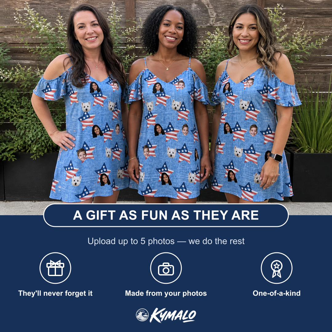 Friends in matching Women's Stellar Standard Custom Face Off-Shoulder Dress — a group gift photo