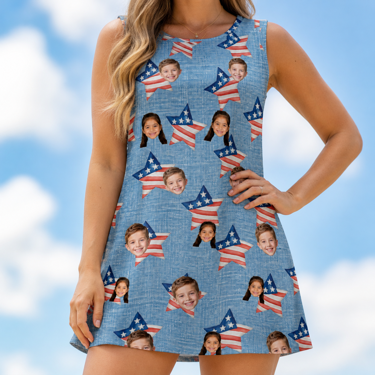 Model wearing Women's Stellar Standard Custom Face Tank Dress printed with kids' faces