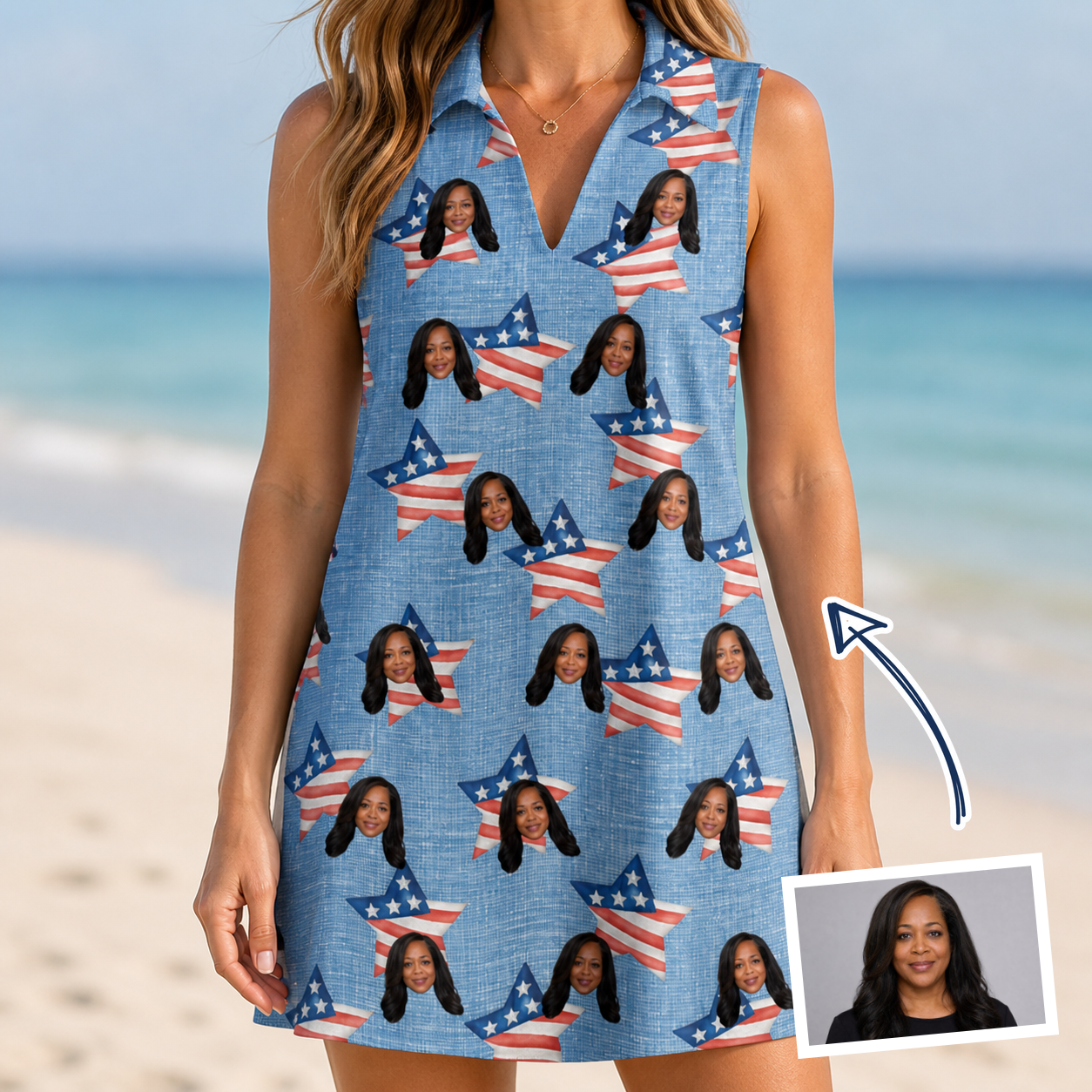 Woman wearing Women's Stellar Standard Custom Face V-Neck Dress — custom faces printed all-over