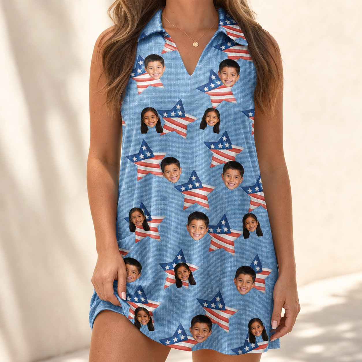 Model wearing Women's Stellar Standard Custom Face V-Neck Dress printed with kids' faces