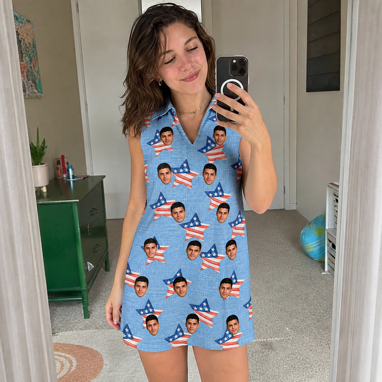 Real-life photo of someone wearing Women's Stellar Standard Custom Face V-Neck Dress — custom faces printed all-over