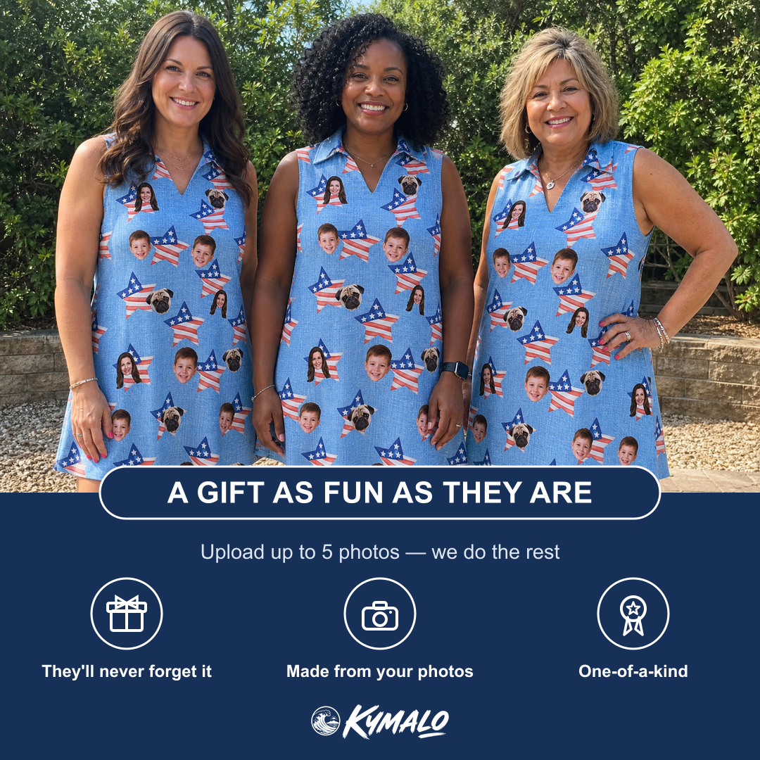 Friends in matching Women's Stellar Standard Custom Face V-Neck Dress — a group gift photo