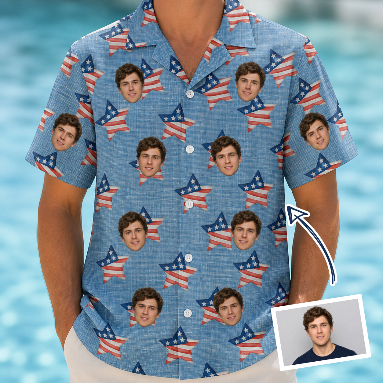Man wearing Men's Stellar Standard Custom Face Hawaiian Shirt — custom faces printed all-over