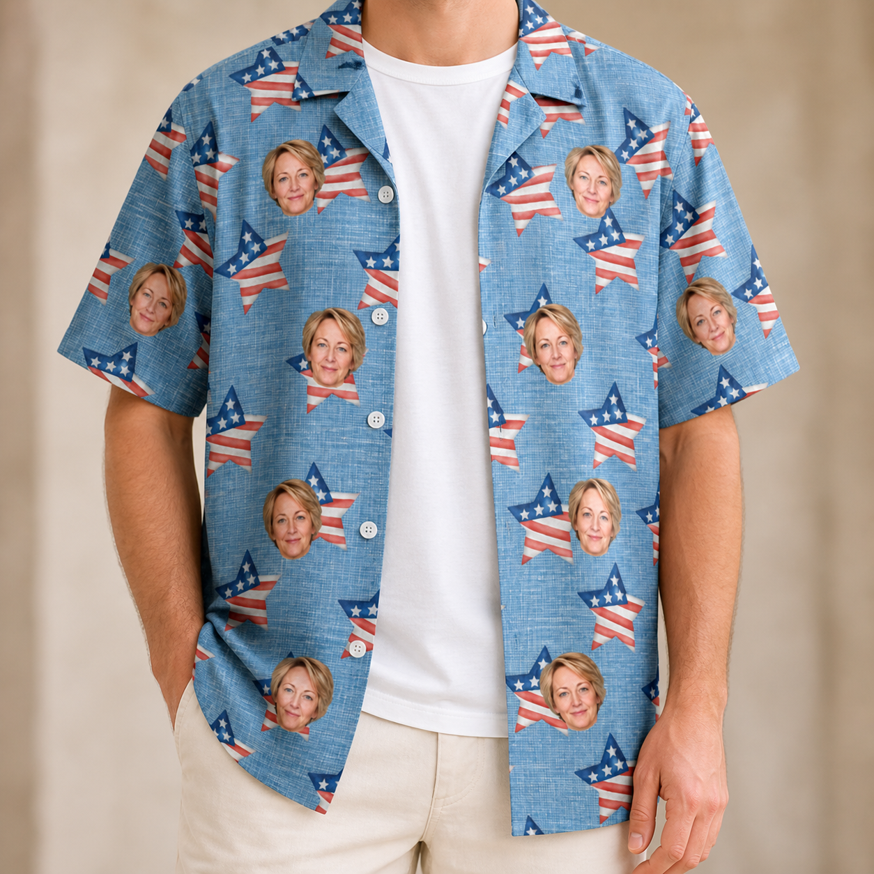 Man wearing Men's Stellar Standard Custom Face Hawaiian Shirt open over a white tee