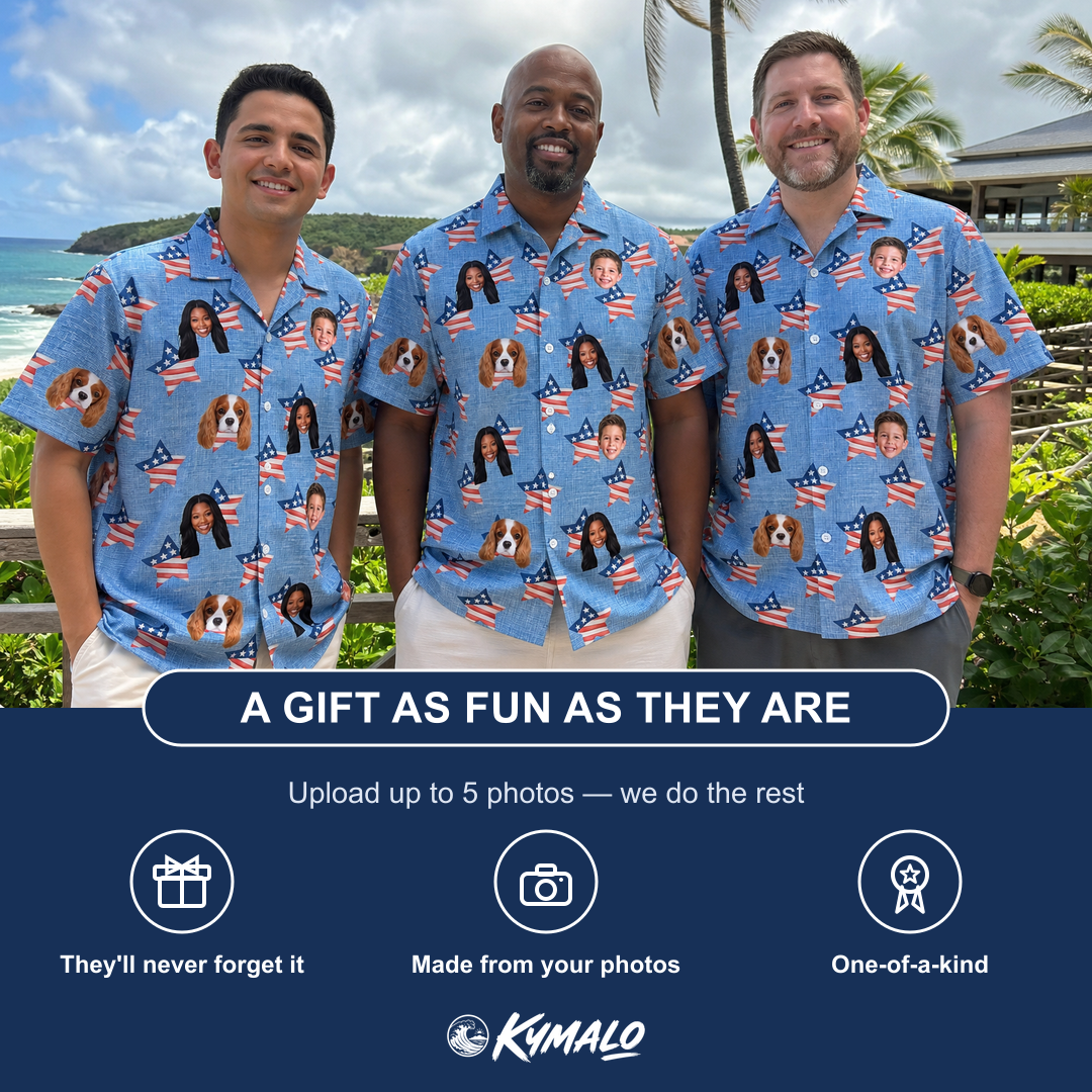 Friends in matching Men's Stellar Standard Custom Face Hawaiian Shirt — a group gift photo