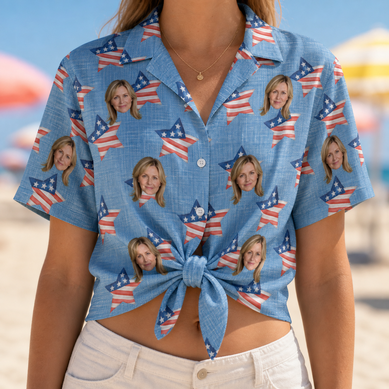 Woman wearing Women's Stellar Standard Custom Face Hawaiian Shirt tied at the waist