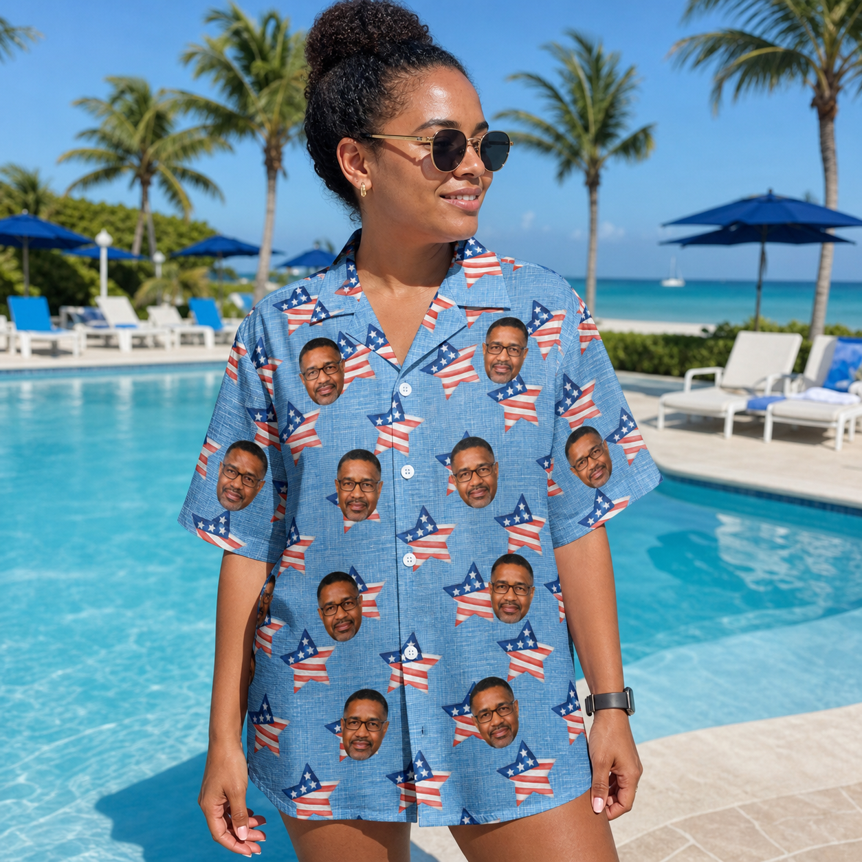 Real-life photo of someone wearing Women's Stellar Standard Custom Face Hawaiian Shirt — custom faces printed all-over
