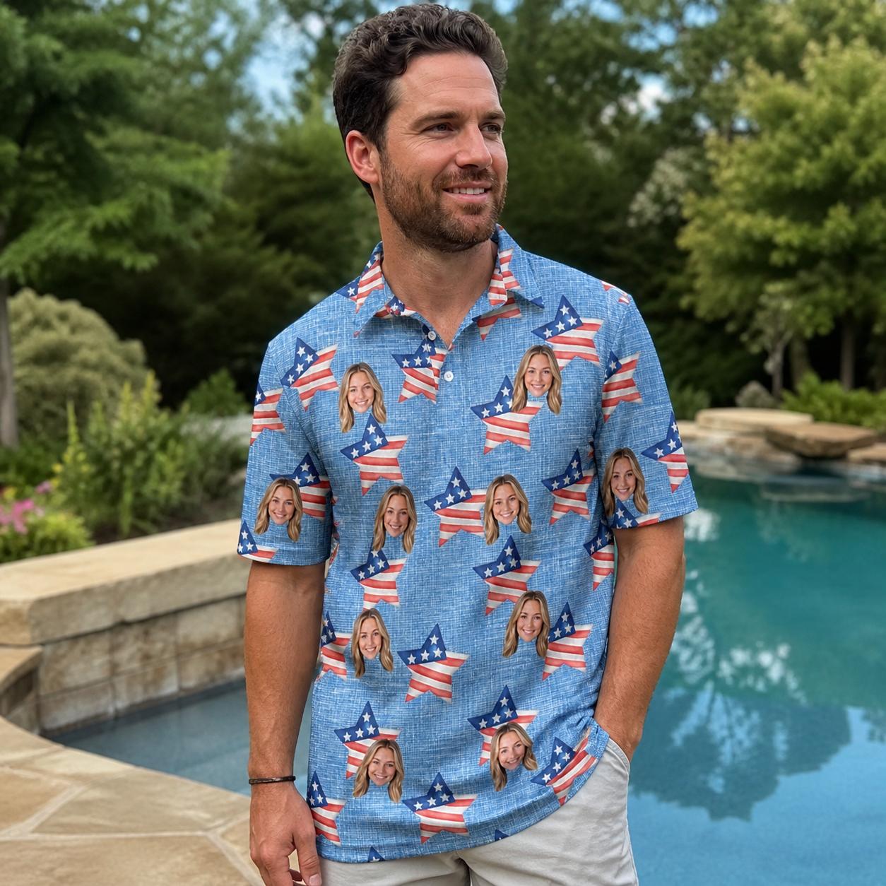 Real-life photo of someone wearing Men's Stellar Standard Custom Face Polo Shirt — custom faces printed all-over