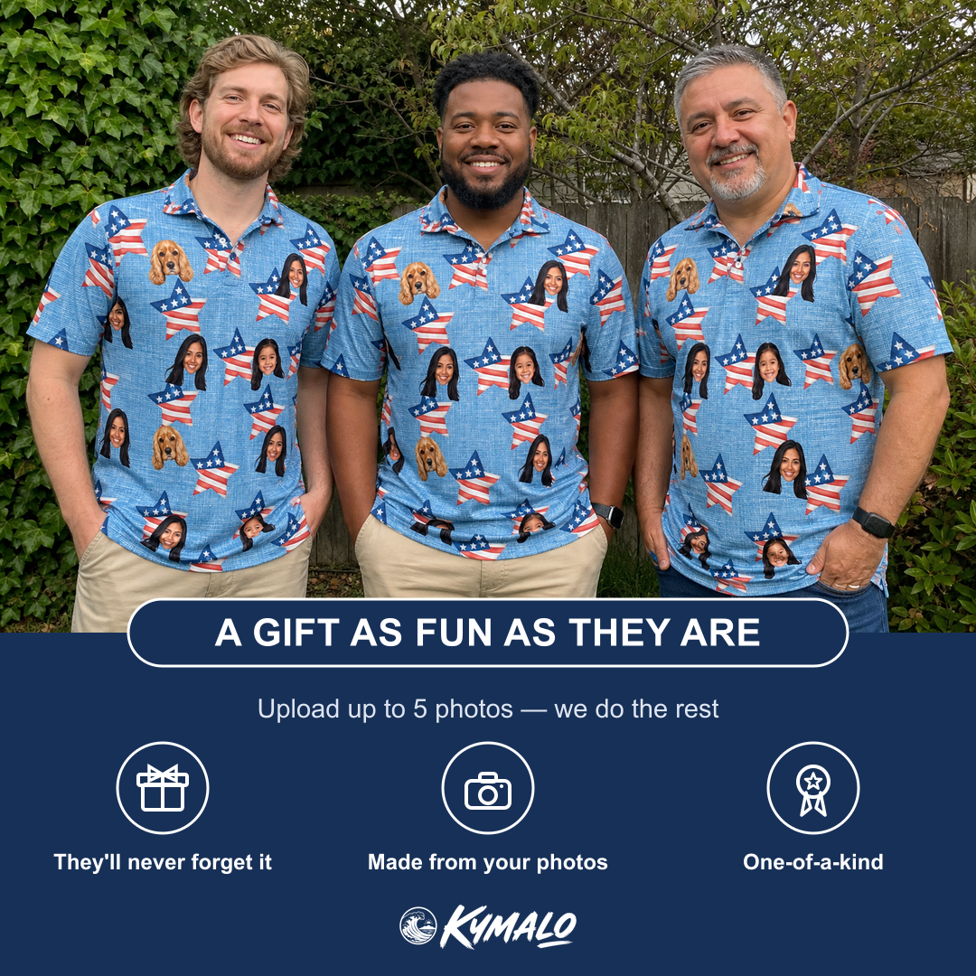 Friends in matching Men's Stellar Standard Custom Face Polo Shirt — a group gift photo