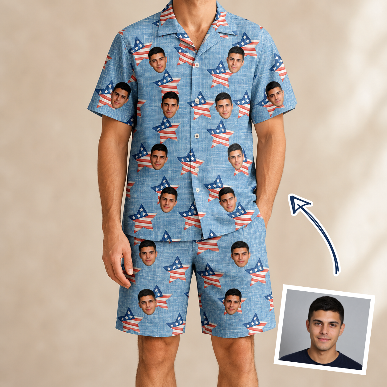 Man wearing Men's Stellar Standard Custom Face Shirt & Shorts Set — custom faces printed all-over