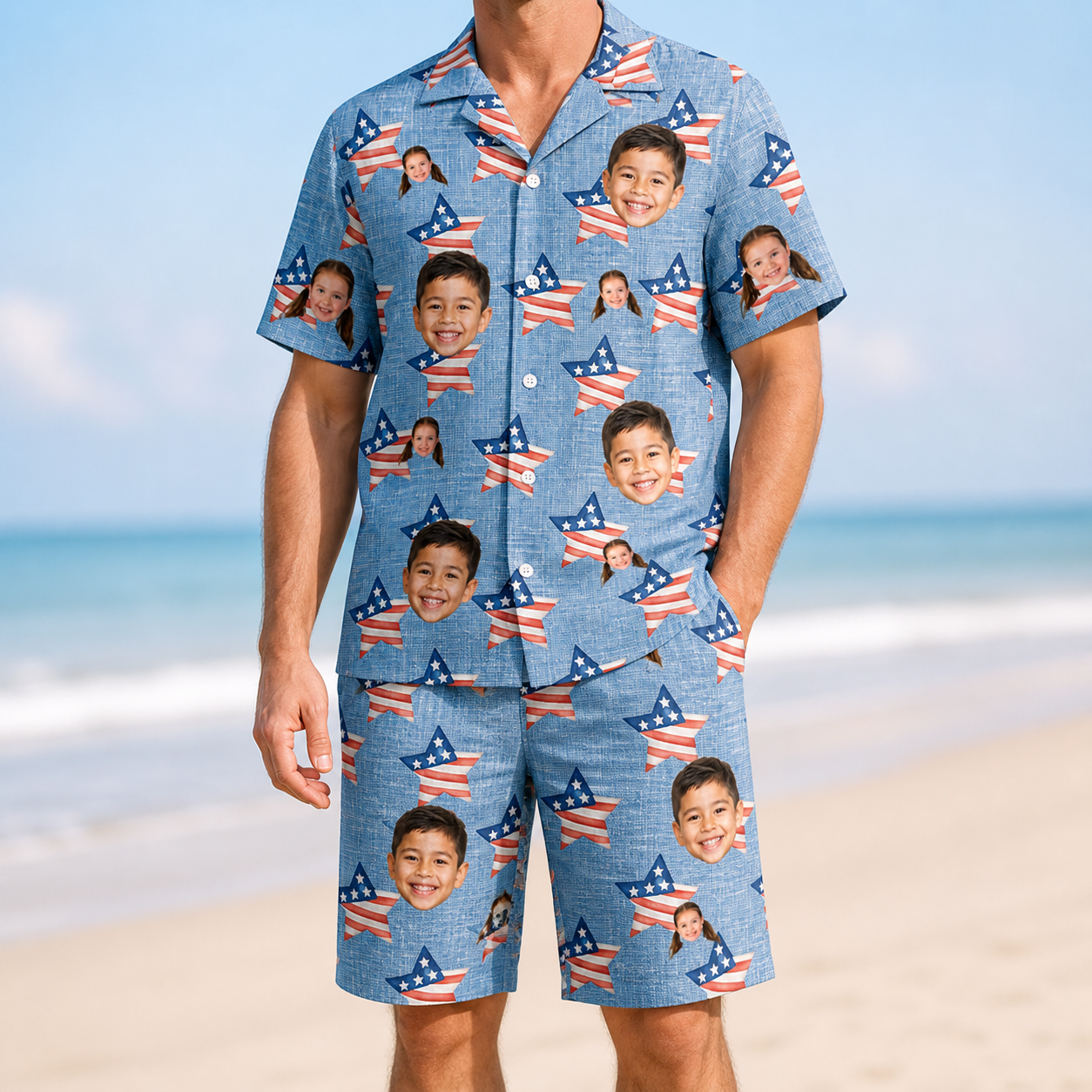 Model wearing Men's Stellar Standard Custom Face Shirt & Shorts Set printed with kids' faces