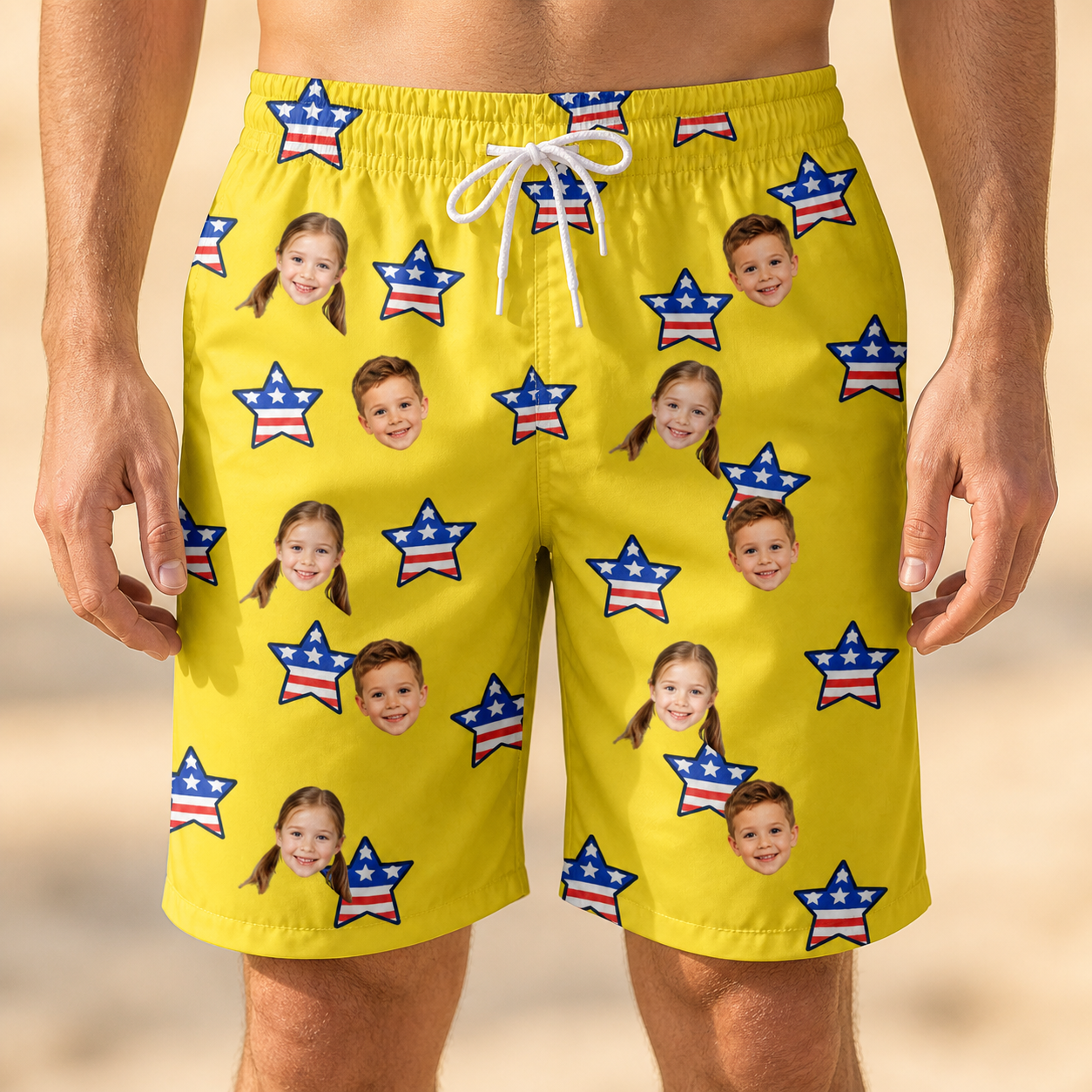 Model wearing Men's Liberty Stripe Custom Face Beach Shorts printed with kids' faces