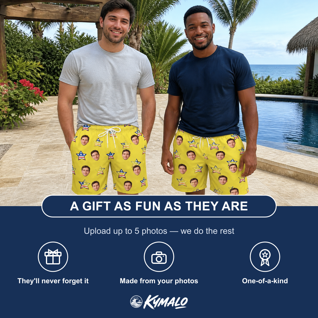 Friends in matching Men's Liberty Stripe Custom Face Beach Shorts — a group gift photo