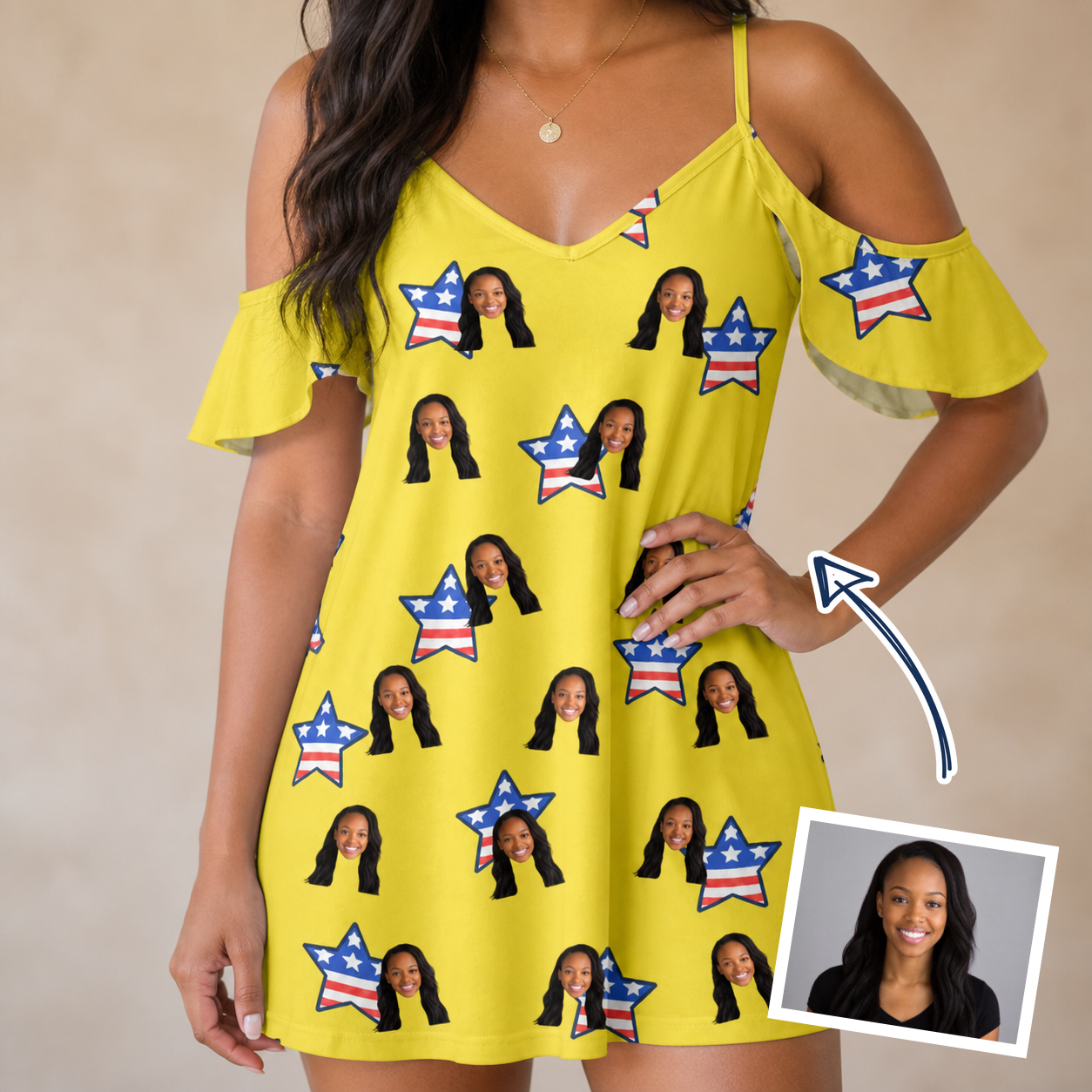 Woman wearing Women's Liberty Stripe Custom Face Off-Shoulder Dress — custom faces printed all-over