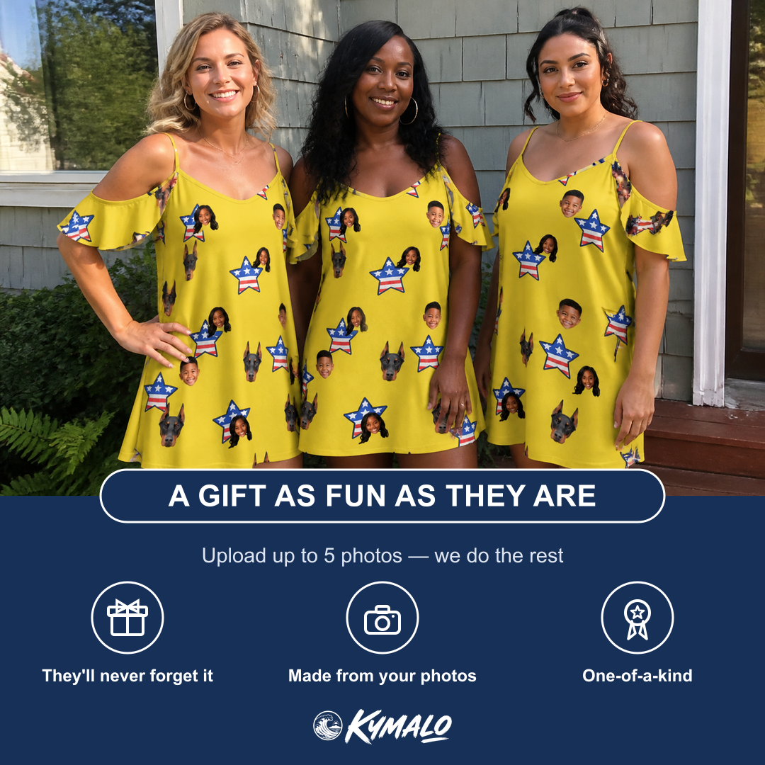 Friends in matching Women's Liberty Stripe Custom Face Off-Shoulder Dress — a group gift photo