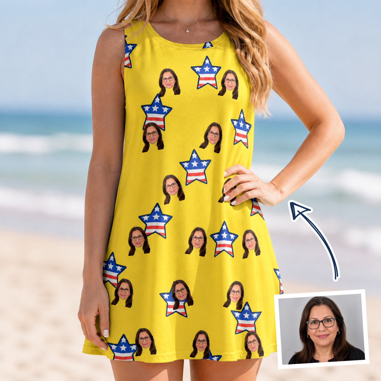 Woman wearing Women's Liberty Stripe Custom Face Tank Dress — custom faces printed all-over