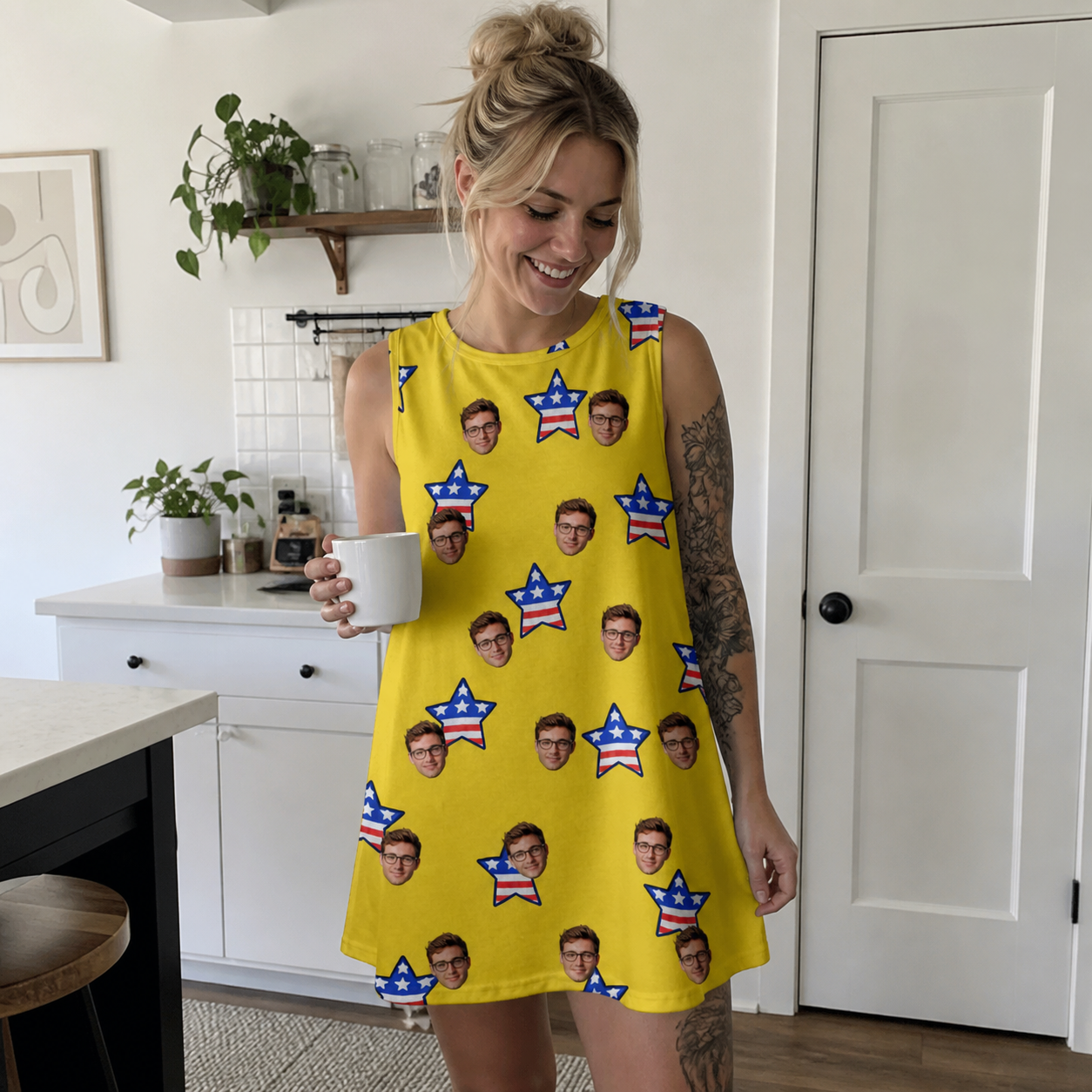 Real-life photo of someone wearing Women's Liberty Stripe Custom Face Tank Dress — custom faces printed all-over