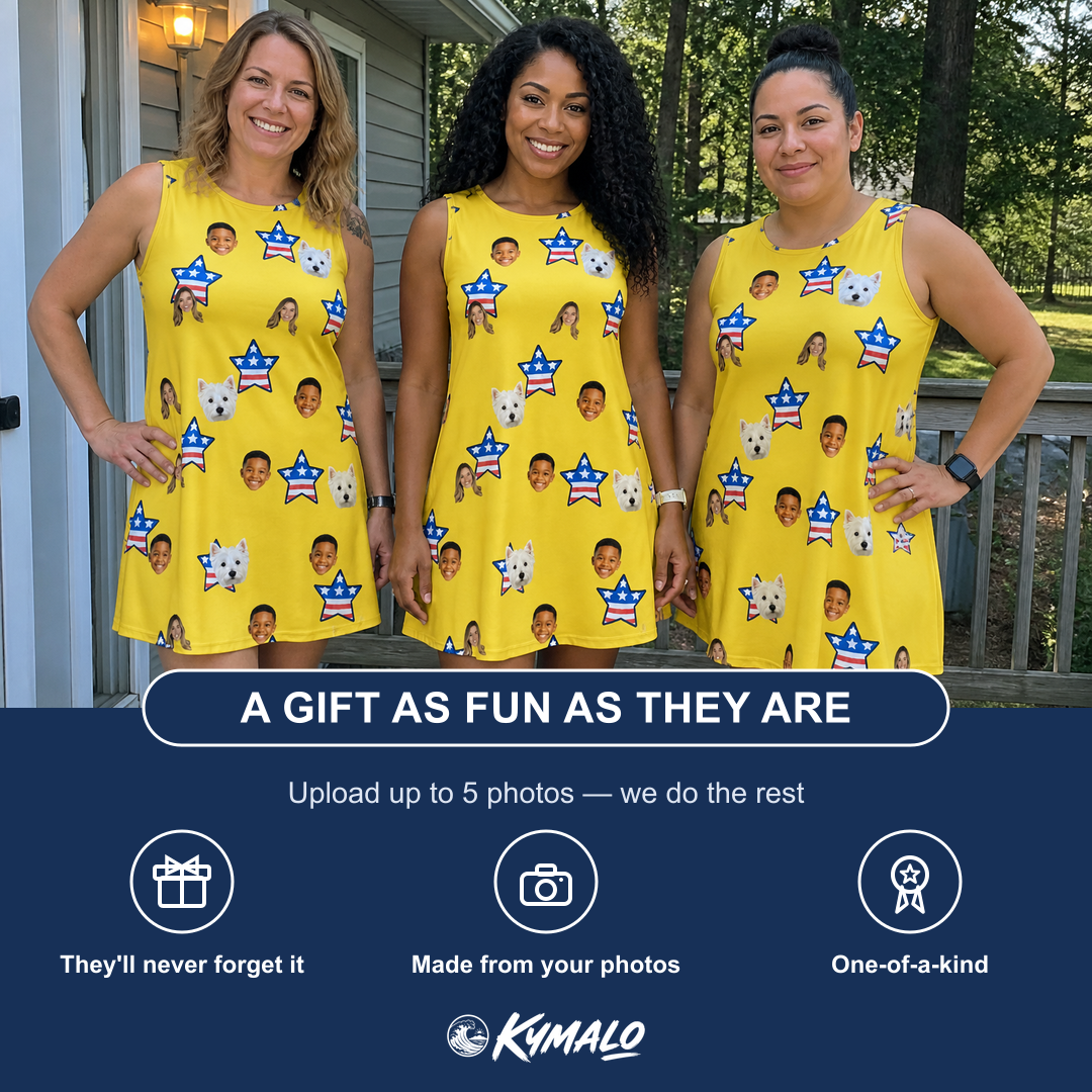 Friends in matching Women's Liberty Stripe Custom Face Tank Dress — a group gift photo