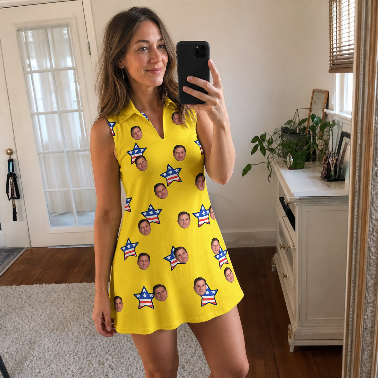 Real-life photo of someone wearing Women's Liberty Stripe Custom Face V-Neck Dress — custom faces printed all-over