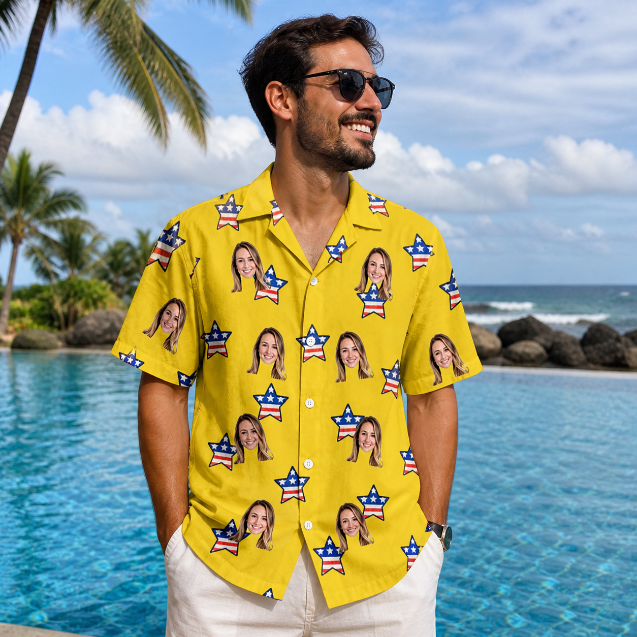 Real-life photo of someone wearing Men's Liberty Stripe Custom Face Hawaiian Shirt — custom faces printed all-over
